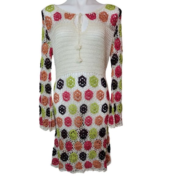 Colorful Crochet Dress Beaded Black & White Beach Boho Shabby Chic Hippie Fits M - Picture 1 of 5